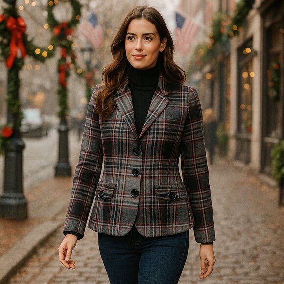 Talbots Wool Blend Plaid Blazer Red Gray Black Size 14 Lined Classic Winter Jack - Picture 1 of 8